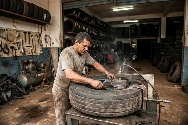 Técnico realizando vulcanização em pneus em uma borracharia.
